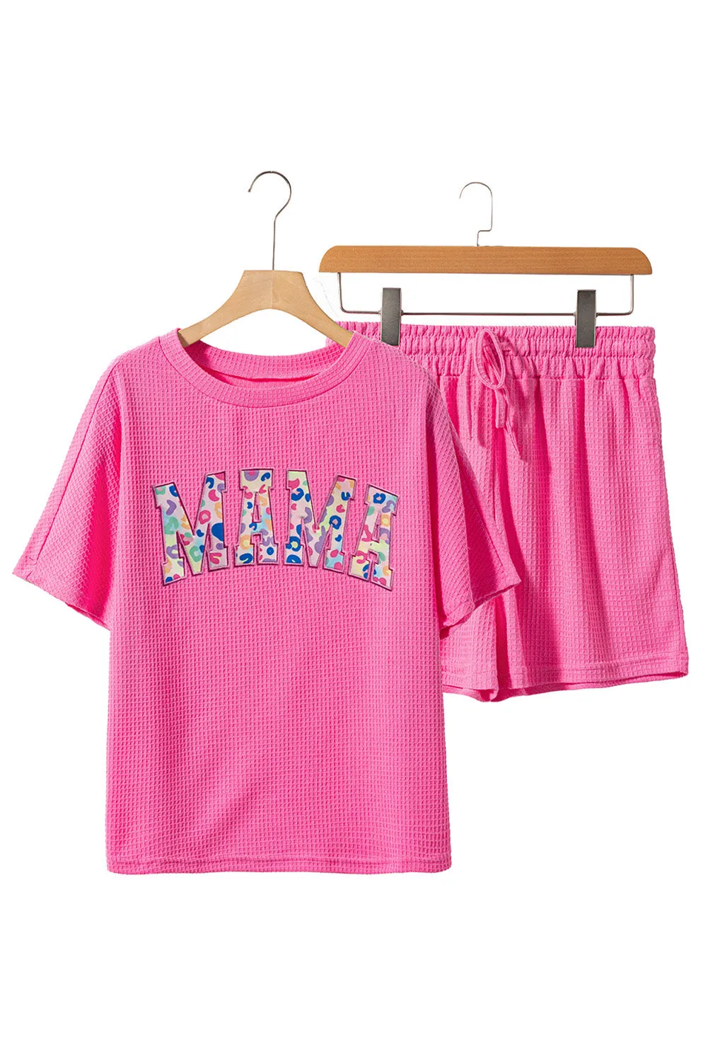 Women MAMA Embroidered Leopard Letters Waffle Short Set