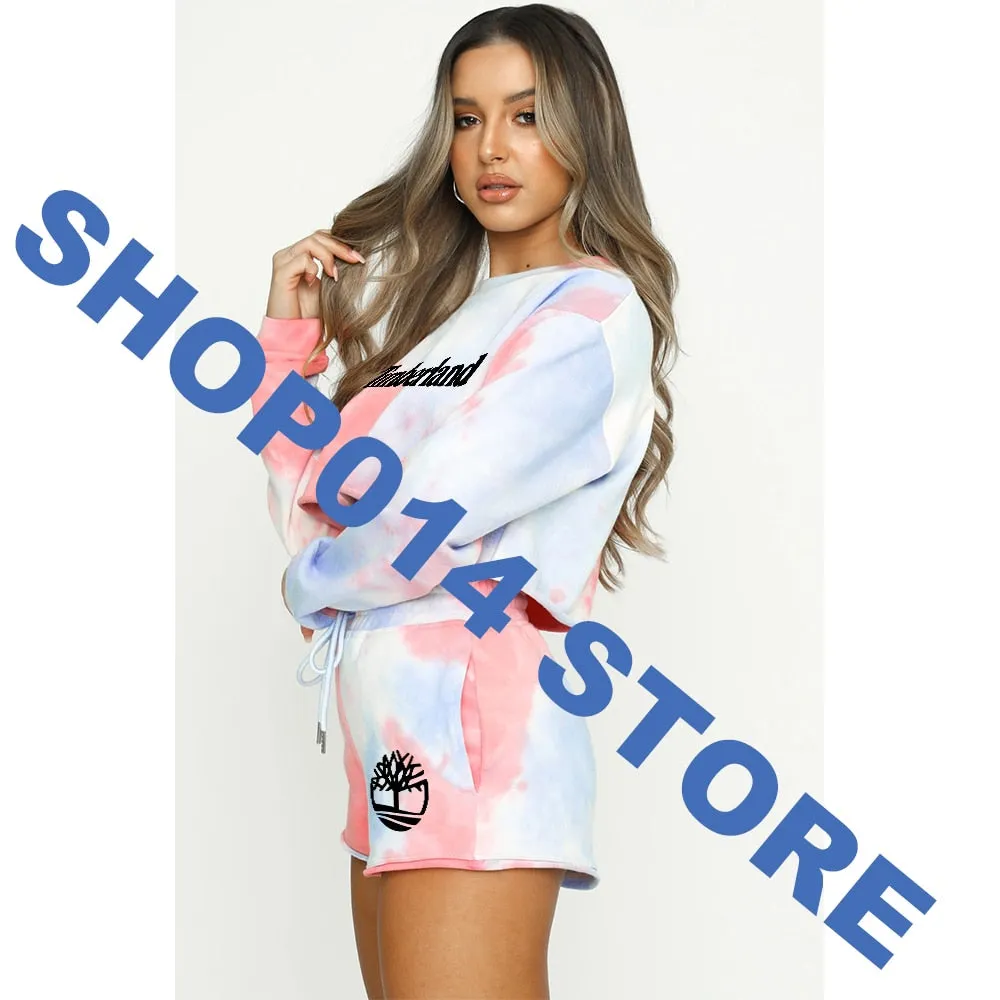 Women Tree Letter Print Tie-Dyed Tracksuits Sportswear Crop Top Sweatshirts   Pants Suit Gym Sexy Set Ladies Clothing T Shirts