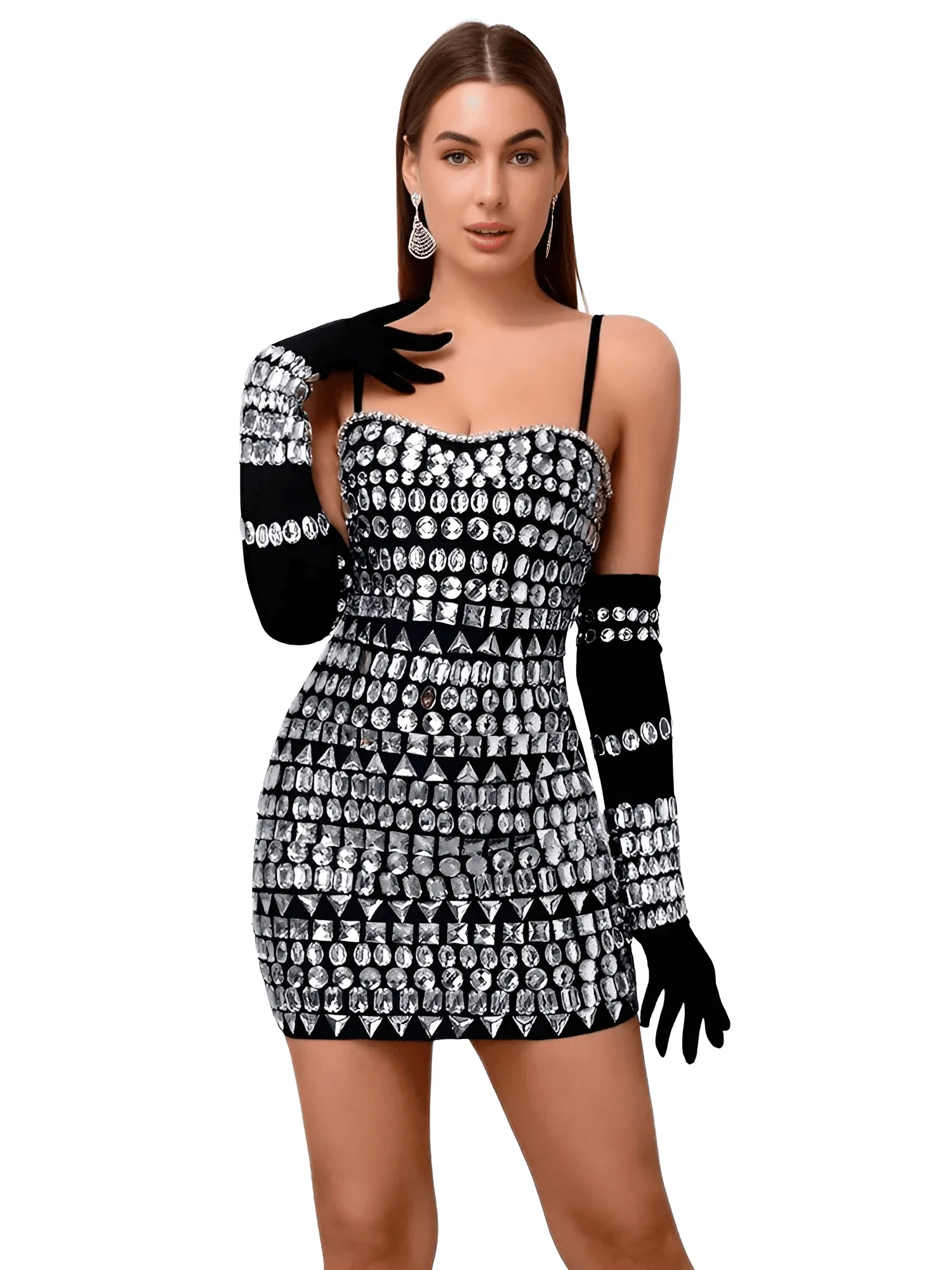 Women's Luxury Diamond Bodycon Bandage Mini Dress With Gloves