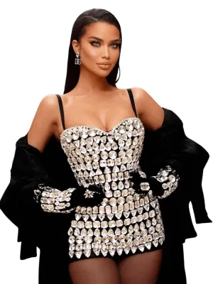 Women's Luxury Diamond Bodycon Bandage Mini Dress With Gloves