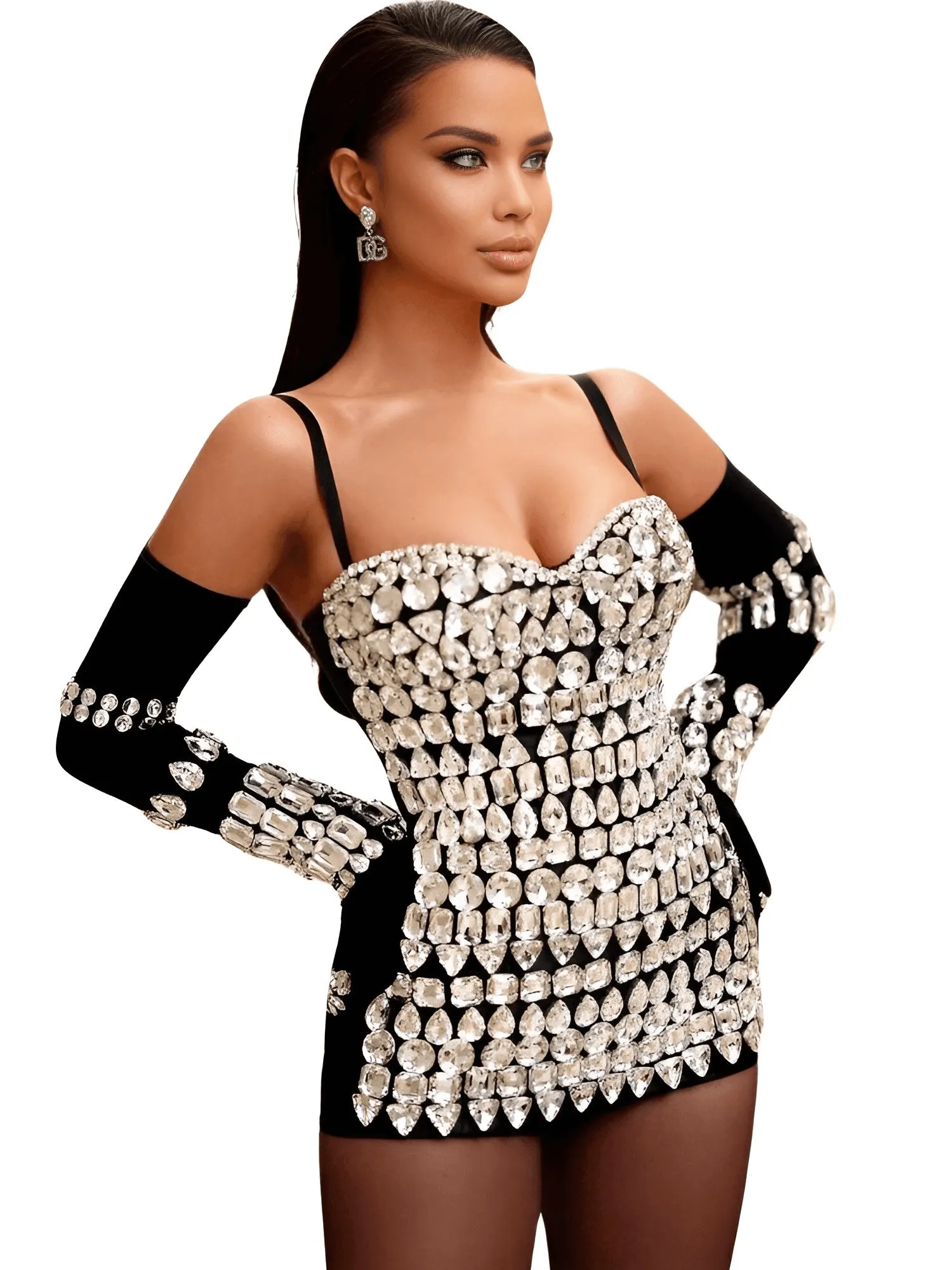 Women's Luxury Diamond Bodycon Bandage Mini Dress With Gloves