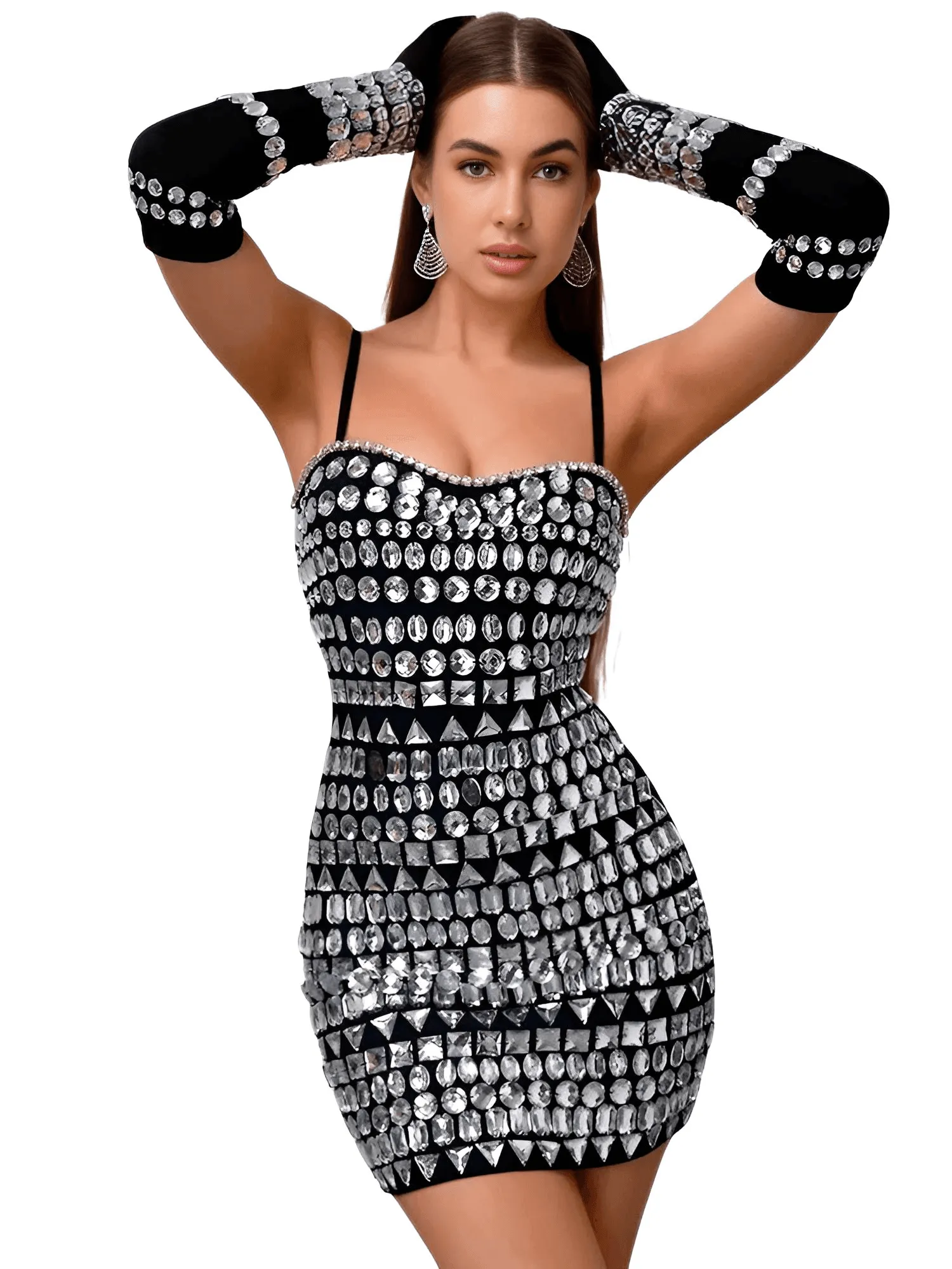 Women's Luxury Diamond Bodycon Bandage Mini Dress With Gloves