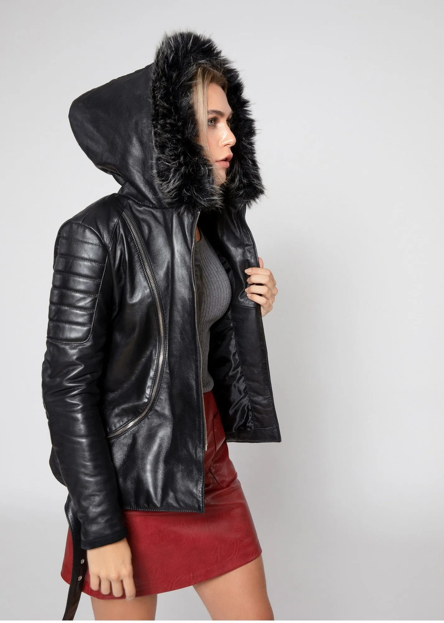 Women's Poseidon Leather Jacket with Fur Hoodie