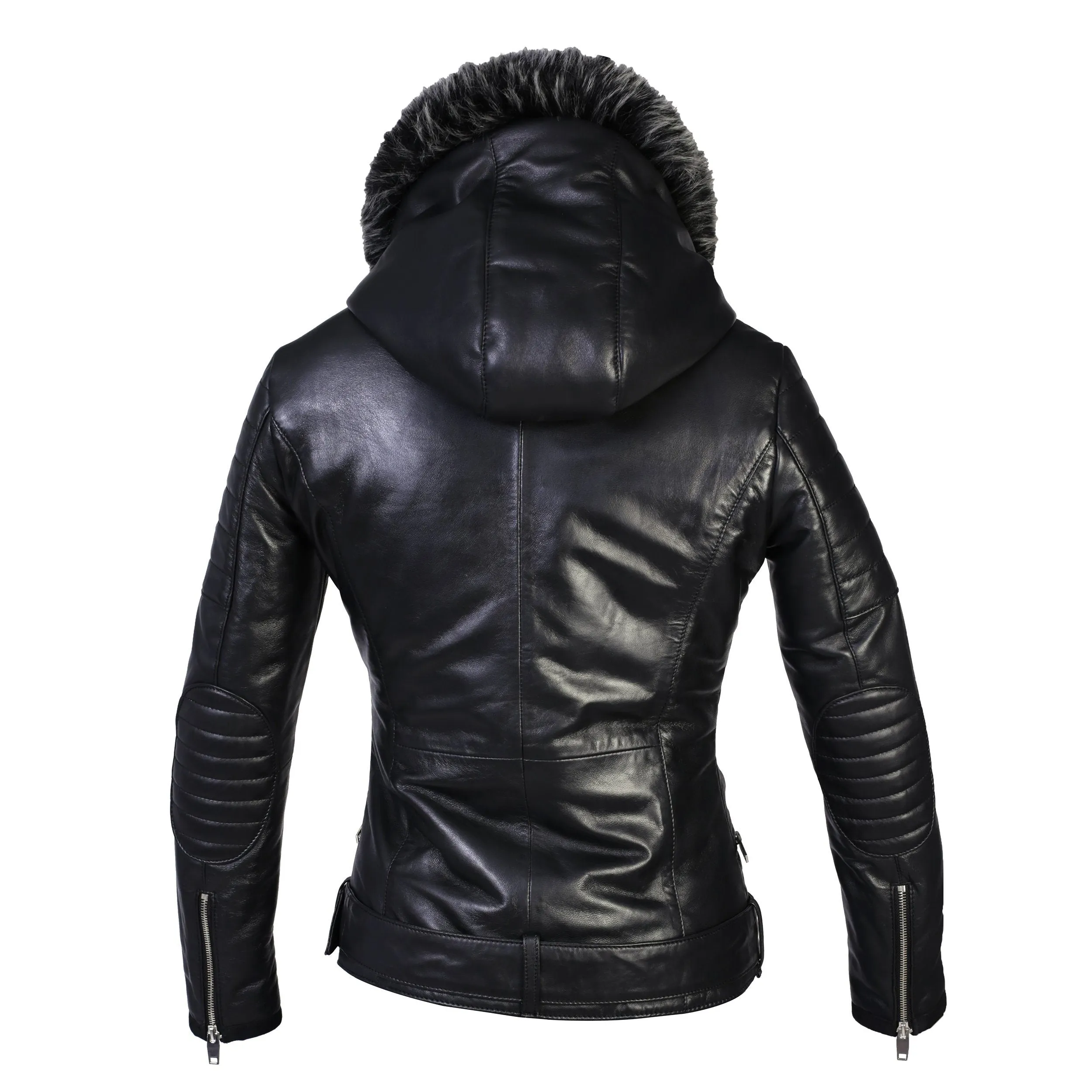 Women's Poseidon Leather Jacket with Fur Hoodie