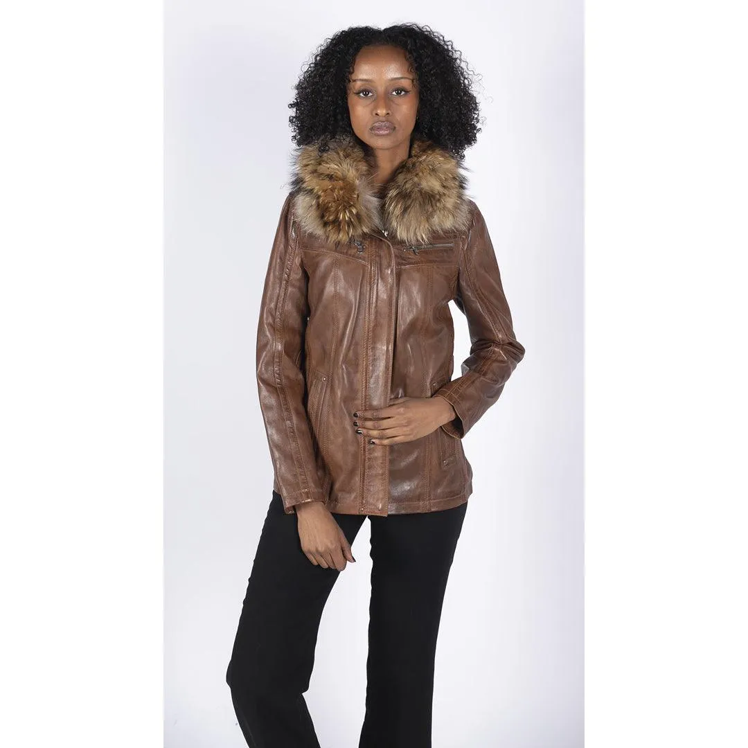 Womens Real Leather Short Parka Jacket Coat Fur Hood Zipped Brown Tan Black