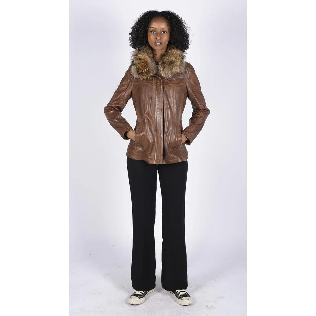 Womens Real Leather Short Parka Jacket Coat Fur Hood Zipped Brown Tan Black