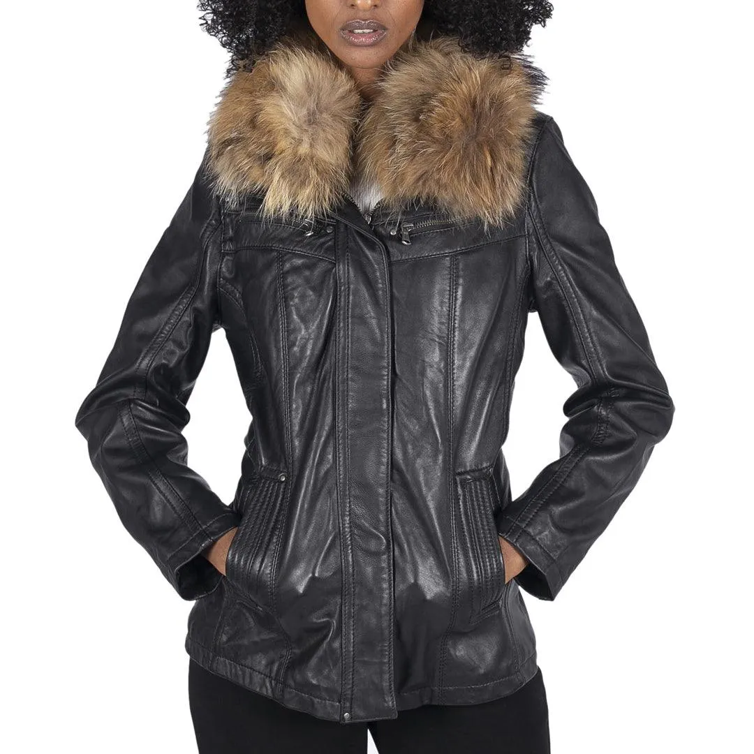 Womens Real Leather Short Parka Jacket Coat Fur Hood Zipped Brown Tan Black