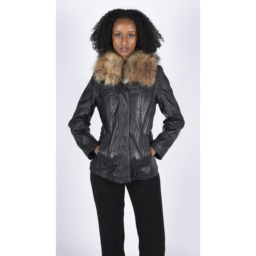 Womens Real Leather Short Parka Jacket Coat Fur Hood Zipped Brown Tan Black