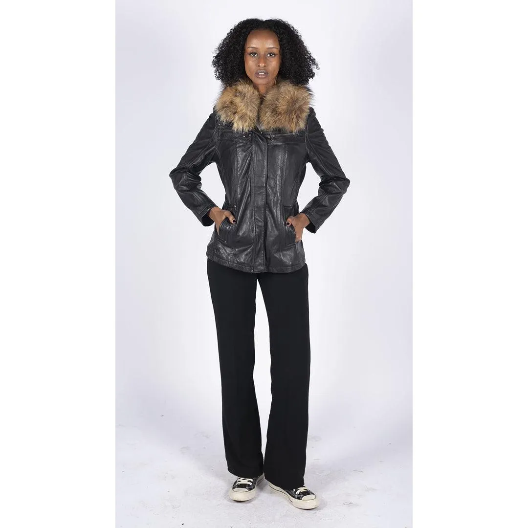 Womens Real Leather Short Parka Jacket Coat Fur Hood Zipped Brown Tan Black