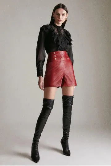 Women's Red High Waist Military Button Leather Shorts