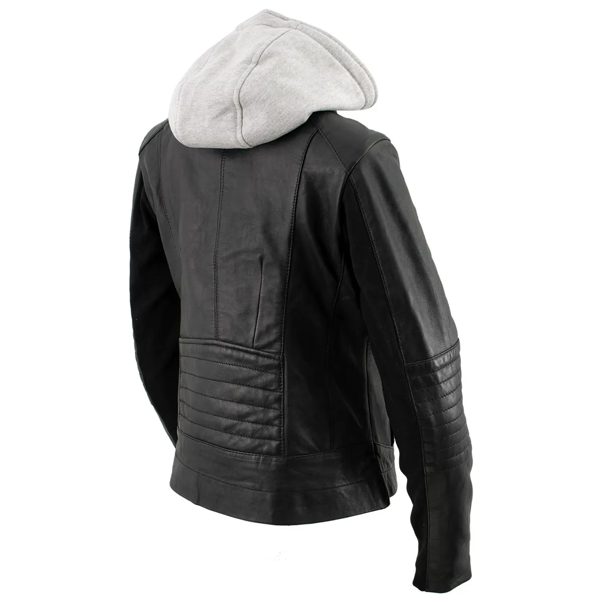 Xelement B91044 Women's ‘Quilt’ Black Leather Motorcycle Biker Racer Style Scuba Jacket with Hoodie